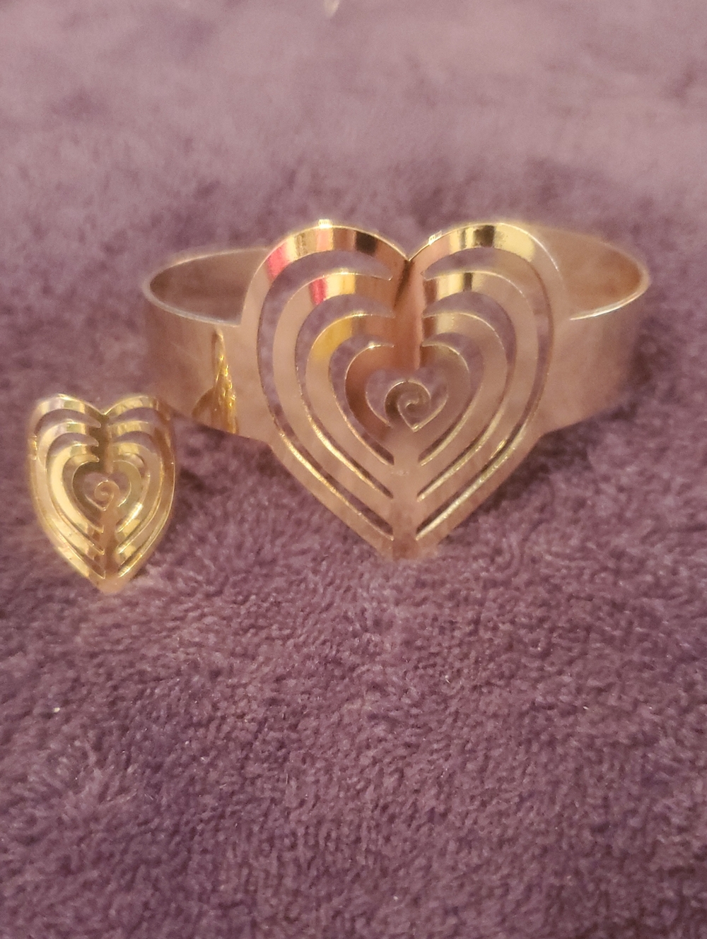 Gold Heart Cutout Cuff Bracelet and Ring Set - Elegant Women's Jewelry
